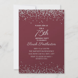 Burgundy Silver Diamond Glitter 75th Birthday Invitation