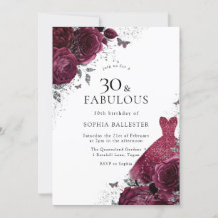 Burgundy & Silver Dress Floral Roses 30th Birthday Invitation