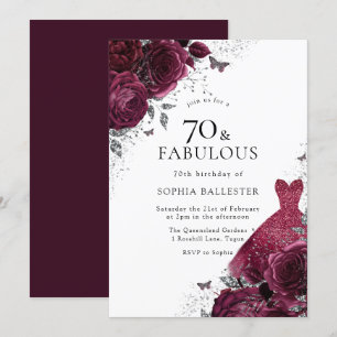 Burgundy & Silver Dress Floral Roses 70th Birthday Invitation