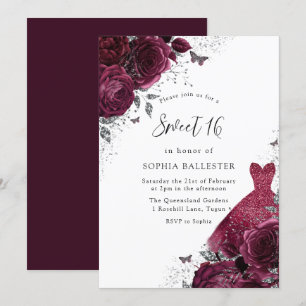 Burgundy Silver Dress & Floral Roses Sweet 16 Invitation