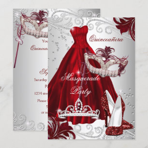 Burgundy Silver Dress masquerade Quinceanera mask Invitation
