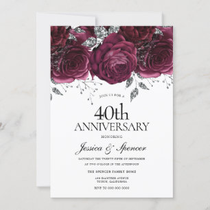 Burgundy & Silver Floral 40th Wedding Anniversary Invitation