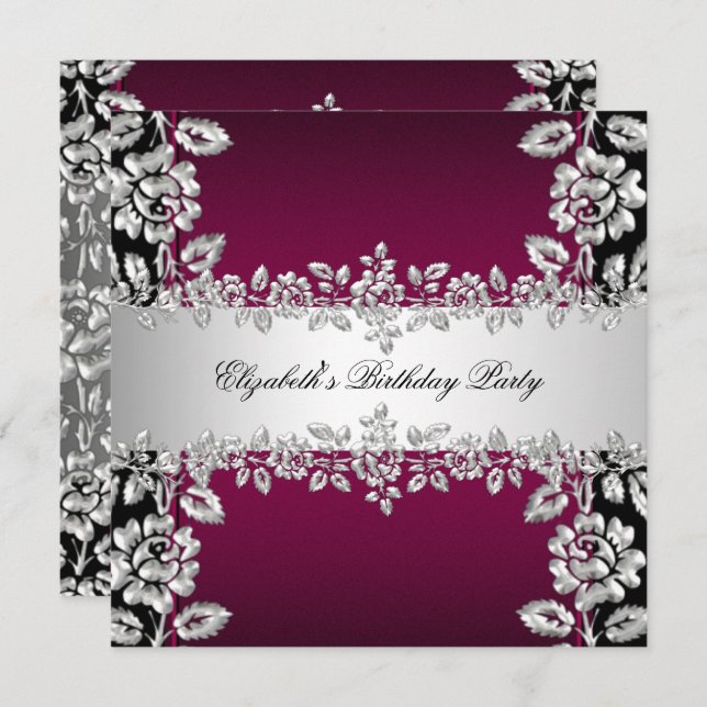 Burgundy Silver Floral Black Birthday Party Invitation (Front/Back)