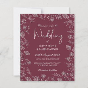 Burgundy silver floral foliage wedding invitation