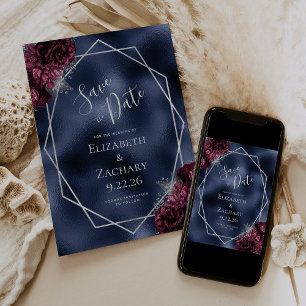Burgundy Silver Floral Geo Navy Foil Save the Date