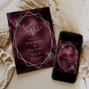 Burgundy Silver Floral Geometric Save the Date