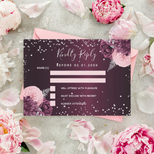 Burgundy silver floral glitter wedding RSVP Card
