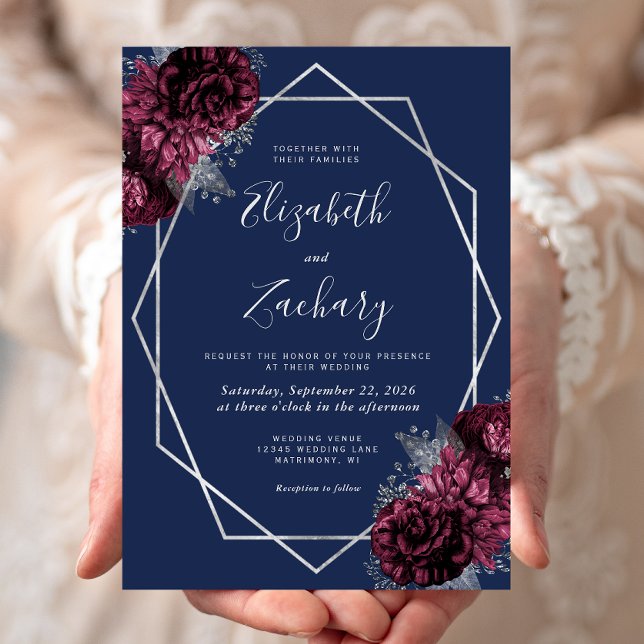 Burgundy Silver Floral Navy Blue Wedding Invitation (Creator Uploaded)