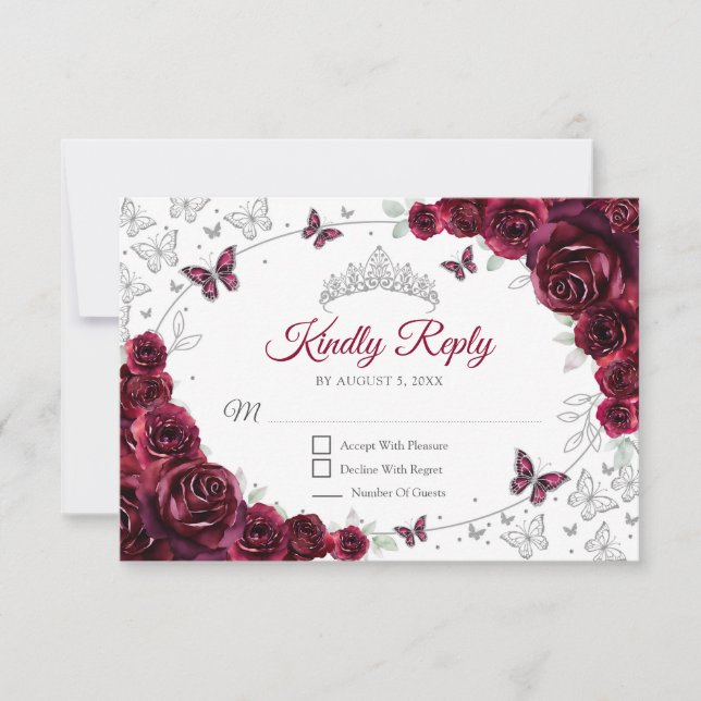 Burgundy Silver Floral Quinceanera Reply RSVP Card (Front)