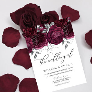 Burgundy & Silver Floral Sparkle Wedding Invitation