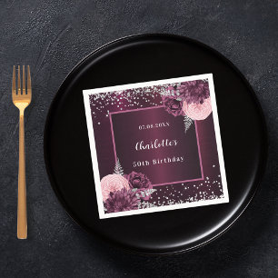 Burgundy silver florals birthday napkin