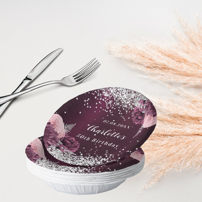Burgundy silver florals birthday paper plate (Creator Uploaded)