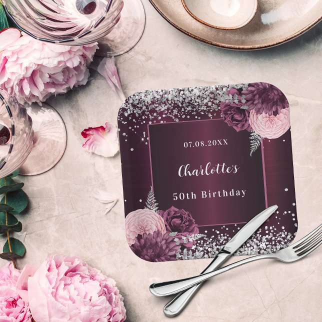 Burgundy silver florals birthday paper plate (Creator Uploaded)