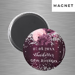 Burgundy silver florals birthday save the date magnet<br><div class="desc">Burgundy background decorated with burgundy and blush pink florals,  flowers,  and faux silver glitter,  sparkles. Personalise and your name and the date.</div>