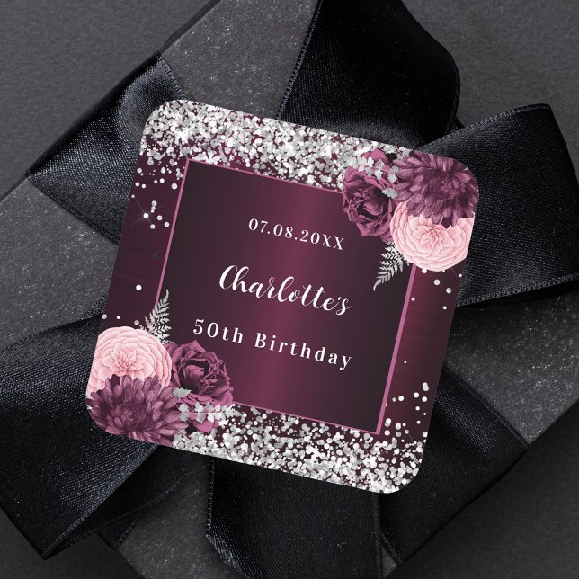 Burgundy silver florals birthday square sticker (Creator Uploaded)