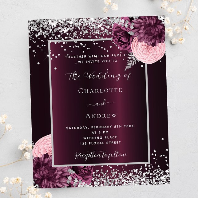 Burgundy silver florals budget wedding invitation (Creator Uploaded)