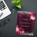 Burgundy silver florals sparkle name 2025 planner<br><div class="desc">A deep burgundy gradient background decorated with faux silver glitter,  sparkles and burgundy and blush pink florals.  Personalise and add a year,  name and a title/text.</div>