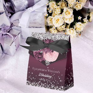 Burgundy silver florals thank you wedding favour box