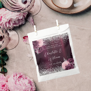 Burgundy silver florals wedding favour bag