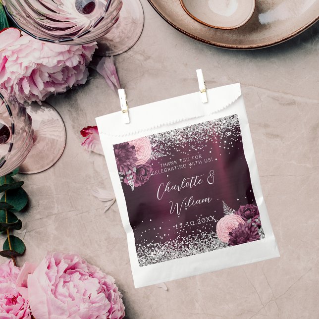 Burgundy silver florals wedding favour bag (Creator Uploaded)