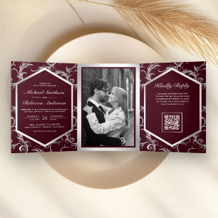 Burgundy Silver Flourish Swirl QR Code Wedding Tri-Fold Invitation