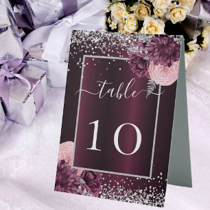 Burgundy silver flowers wedding table number