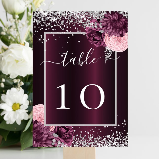 Burgundy silver flowers wedding table number (Creator Uploaded)