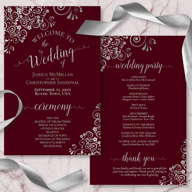 Burgundy & Silver Frils Budget Wedding Program (Creator Uploaded)