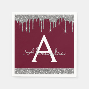 Burgundy Silver Glitter Black Monogram Birthday Napkin