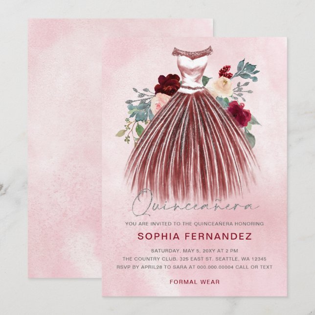Burgundy Silver glitter Floral Dress Quinceañera Invitation (Front/Back)
