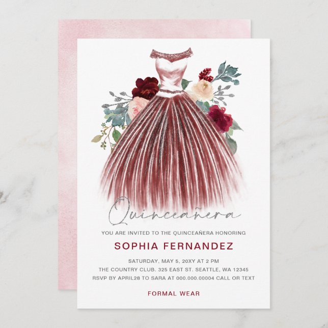 Burgundy Silver glitter Floral Dress Quinceañera Invitation (Front/Back)