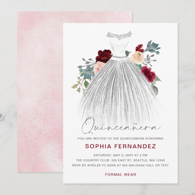Burgundy Silver glitter Floral Dress Quinceañera Invitation (Front/Back)
