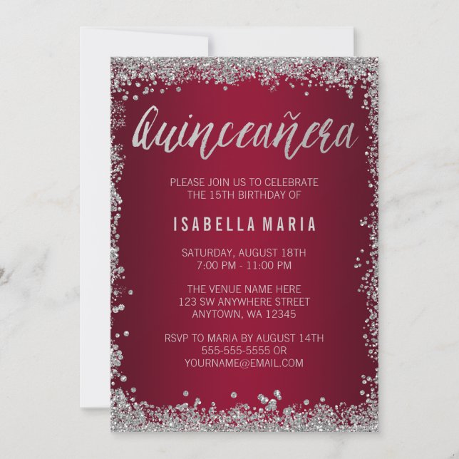 Burgundy Silver Glitter Quinceanera 15th Birthday Invitation (Front)