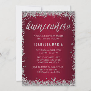 Burgundy Silver Glitter Quinceanera 15th Birthday Invitation