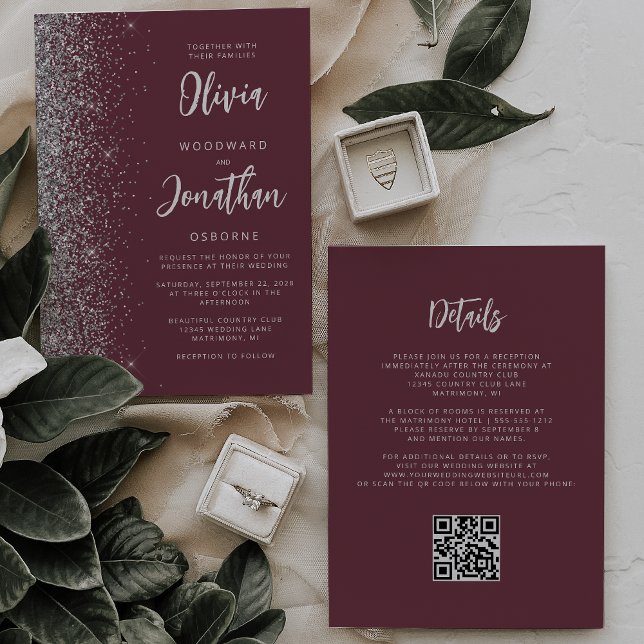 Burgundy Silver Glitter Script QR Code Wedding Invitation (Creator Uploaded)