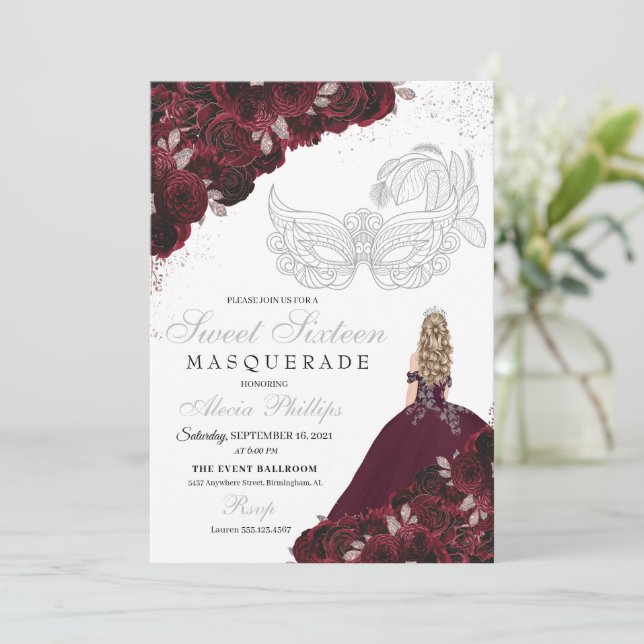 Burgundy & Silver Glitter Sweet 16 Masquerade Invitation (Standing Front)