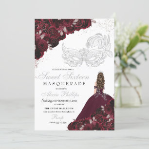 Burgundy & Silver Glitter Sweet 16 Masquerade Invitation