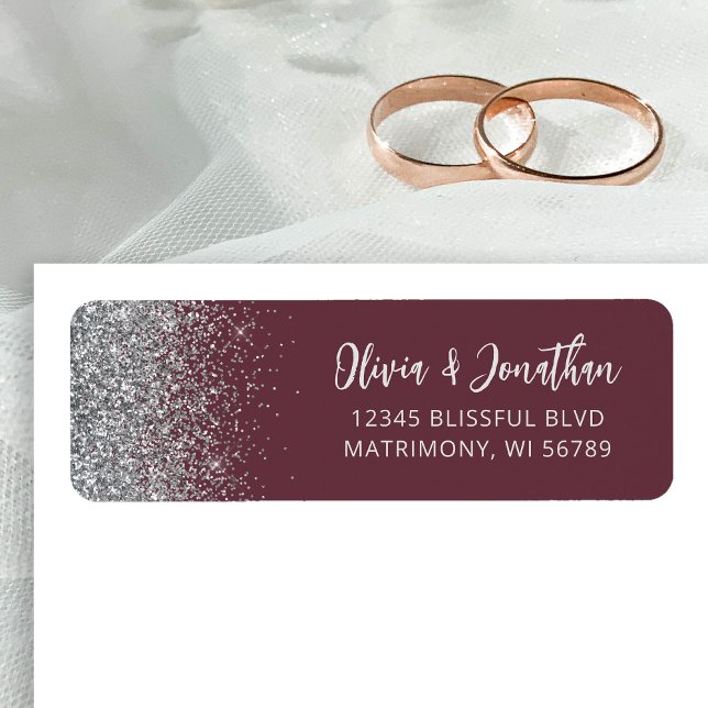 Burgundy Silver Glitter Wedding Return Address Label (Creator Uploaded)