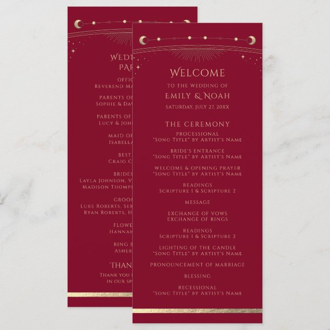 Burgundy Silver Gold Sun Moon Stars Wedding Program (Front/Back)