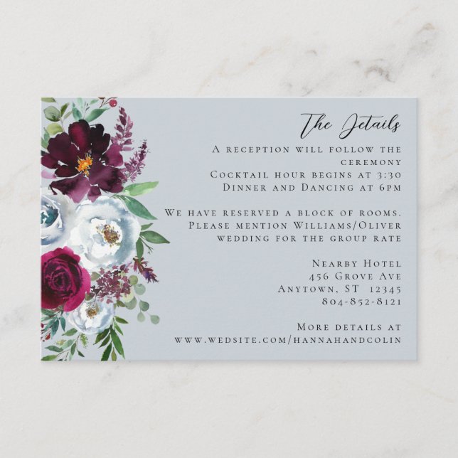 Burgundy Silver Grey Roses Botanical Enclosure Card (Front)