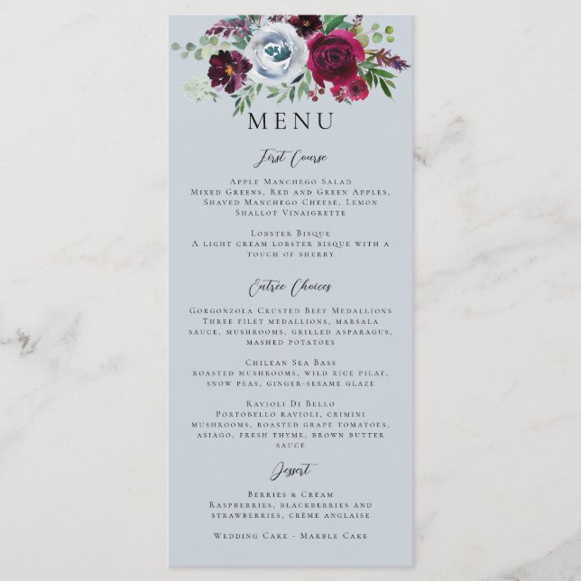 Burgundy Silver Grey Roses Botanical Menu (Front)