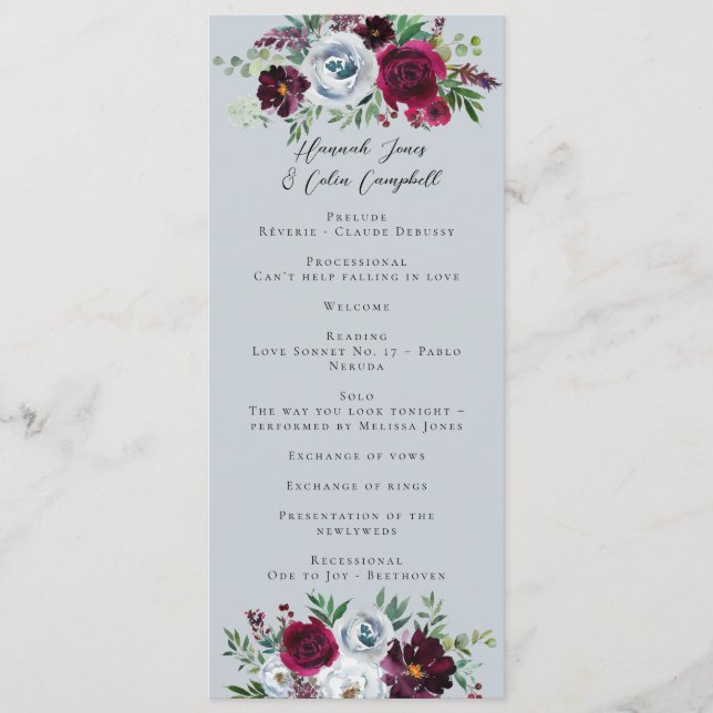 Burgundy Silver Grey Roses Botanical Program (Front)