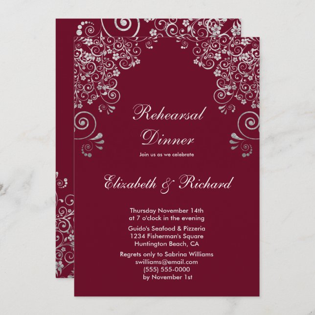 Burgundy Silver Grey Wedding Rehearsal Dinner Invitation (Front/Back)