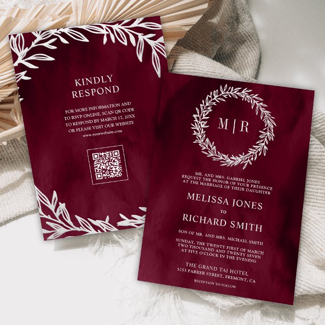 Burgundy Silver Leaf Branch QR Code Wedding Invitation (Creator Uploaded)