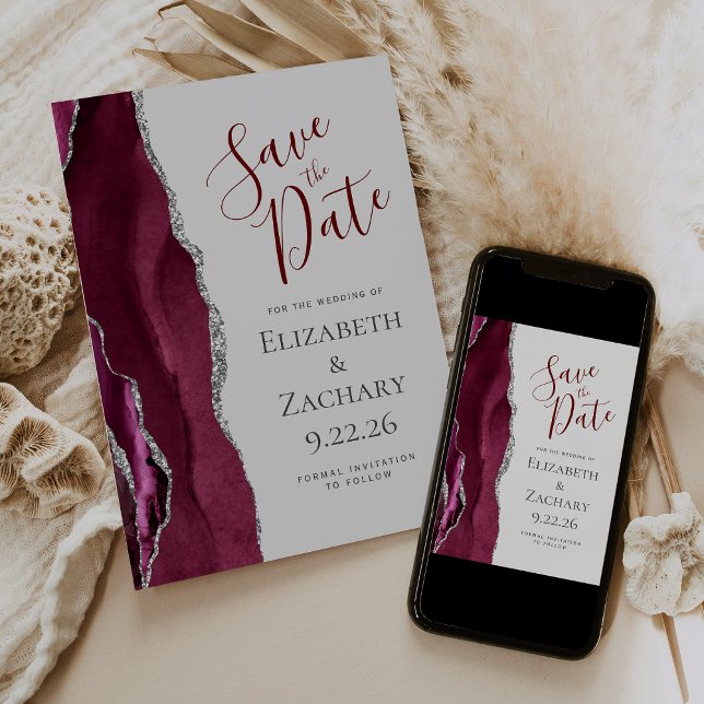 Burgundy Silver Light Grey Photo Save the Date Invitation (Creator Uploaded)