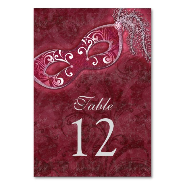 Burgundy Silver Masquerade Ball Mardi Gras Wedding Table Number (Front)