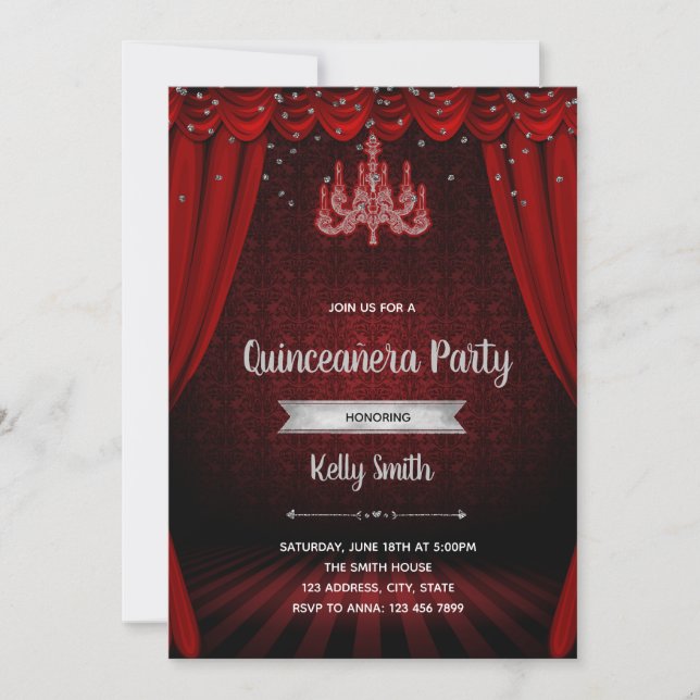 Burgundy Silver masquerade Quinceanera invite (Front)