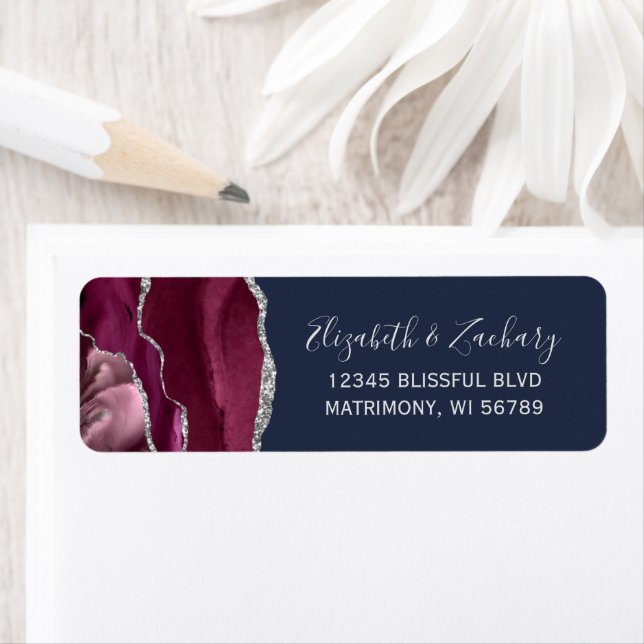 Burgundy Silver Navy Blue Wedding Return Address Label (Insitu)