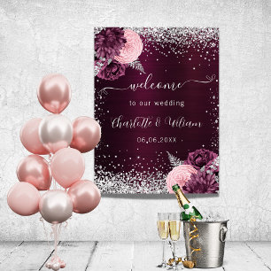 Burgundy silver pink flowers welcome wedding poster