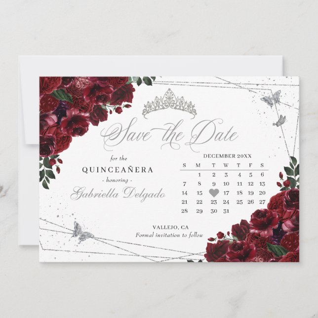Burgundy & Silver Quinceañera Save The Date Invitation (Front)